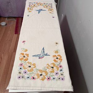 Vintage Hand Embroidered Table Runner blue bird and flower design